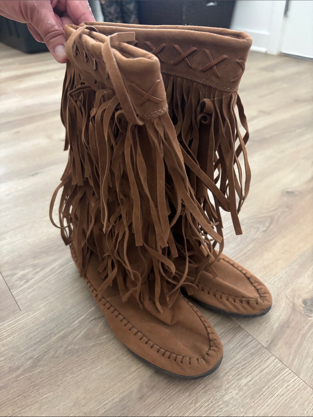 Rampage Tan Suede Fringe Moccasin Boots
